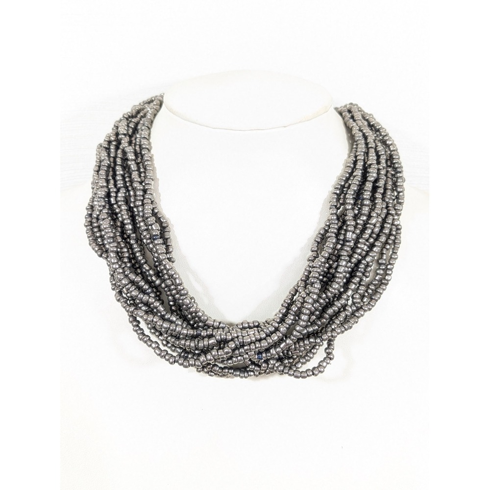 Gray Glass Bead Multi Strand Necklace 20" Toggle Clasp Coastal Beach